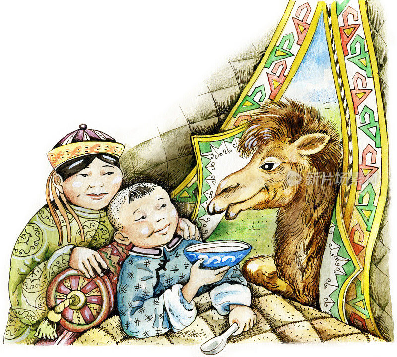 生病的蒙古男孩和骆驼