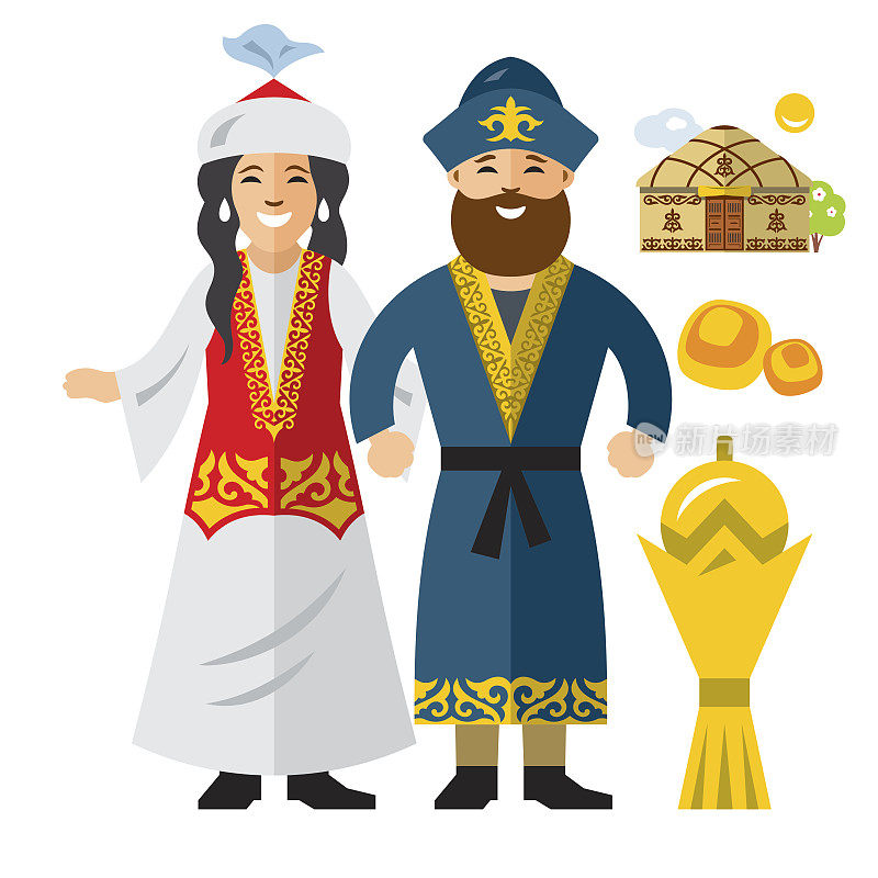 向量哈萨克斯坦的家庭。历史的衣服。哈萨克斯坦。平面风格彩色卡通