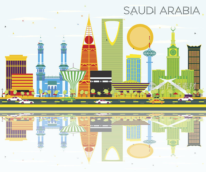 沙特阿拉伯天际线与彩色地标和反射。