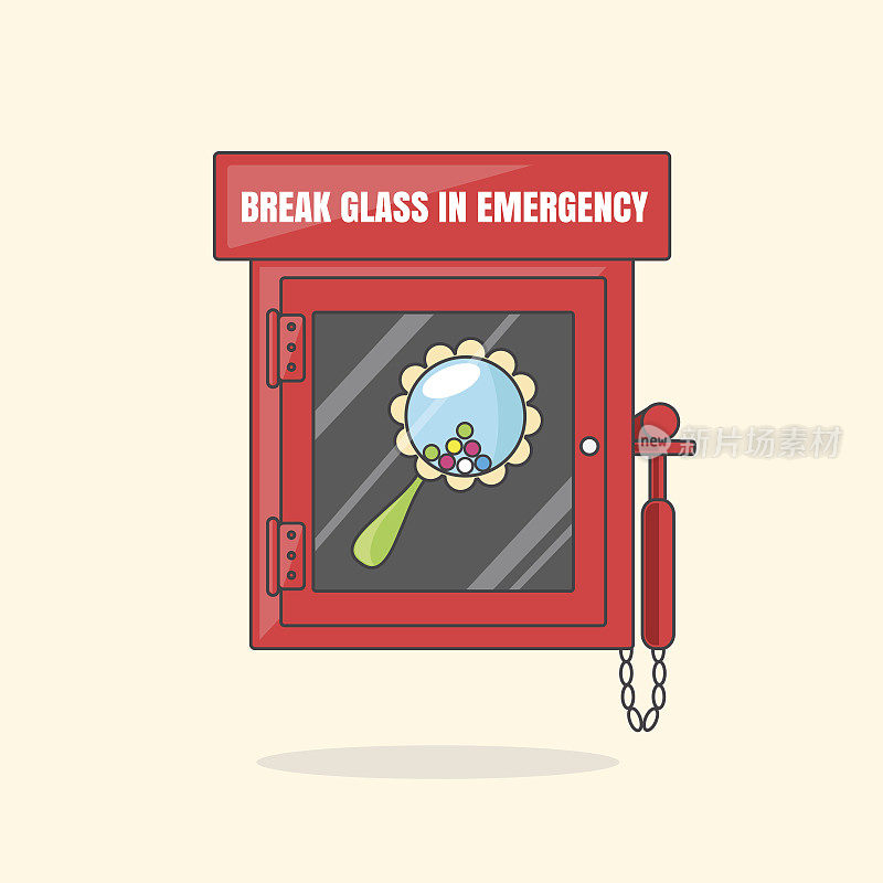 红色应急箱内装有易碎玻璃以防紧急情况。盒子与豆袋