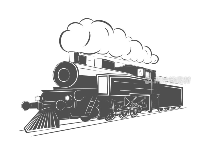 老式蒸汽火车孤立在白色背景，旧的复古铁路