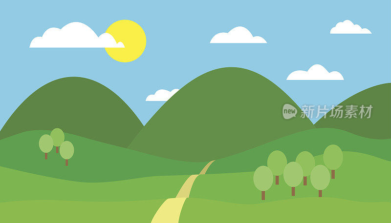 卡通彩色矢量插图的山景观与山，路径和树下的蓝天白云和阳光在一个晴朗的日子