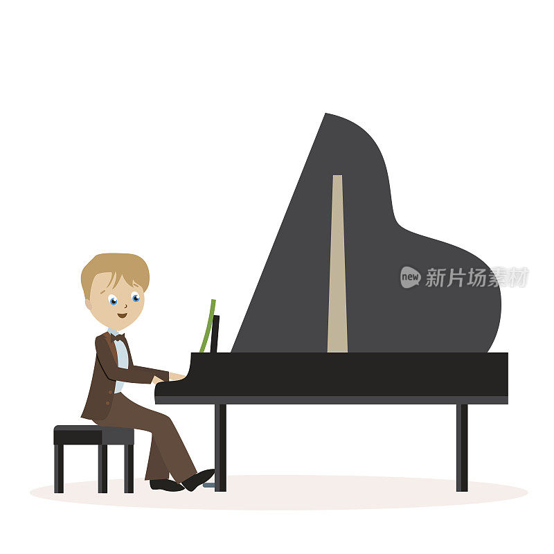 小男孩穿着古典服装弹钢琴。在白色背景上孤立的扁平字符。向量,EPS10插图。