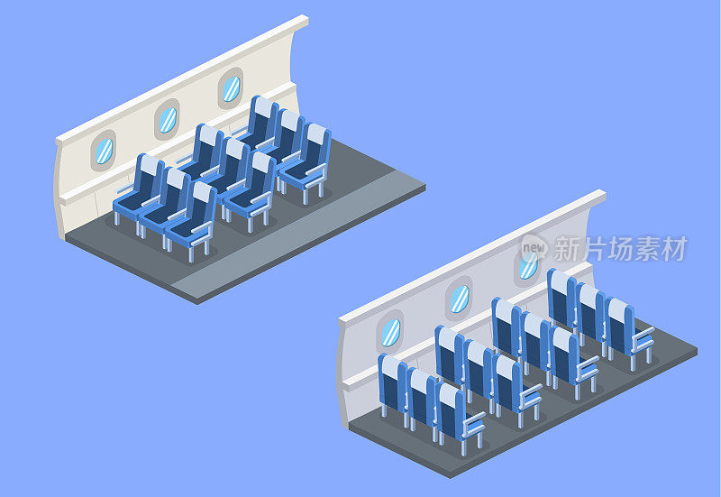 等距三维矢量插图概念内部的飞机与空扶手椅