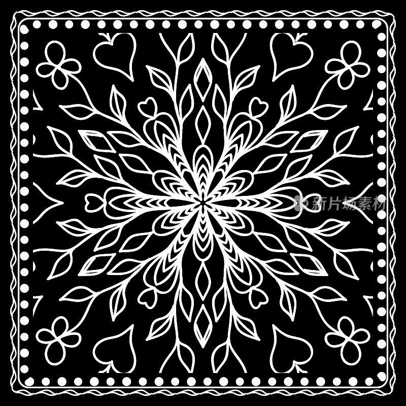 黑白印花大手帕与曼陀罗图案，丝质颈围巾方。织物、枕头、地毯印花设计。矢量插图。