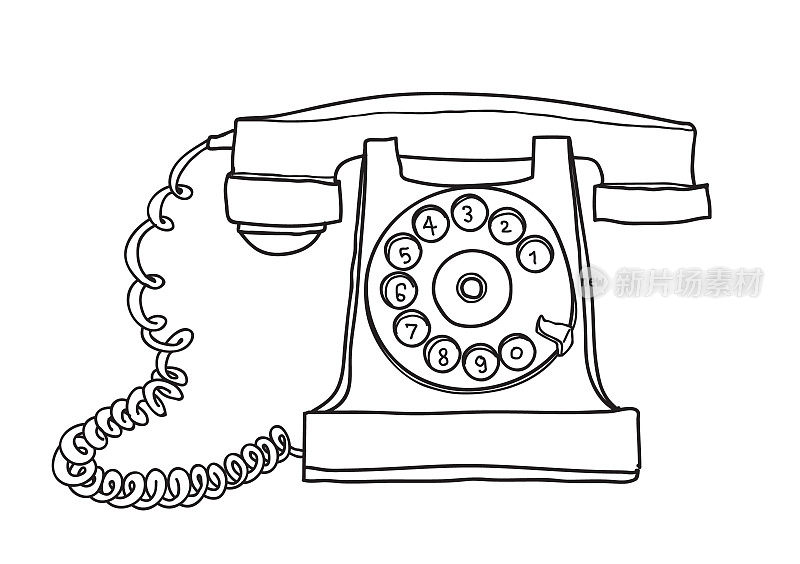 古董旋转拨号电话手绘矢量线艺术插图