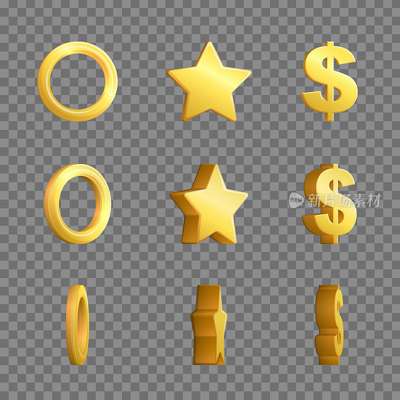 金戒指，星星和美元符号旋转框架。