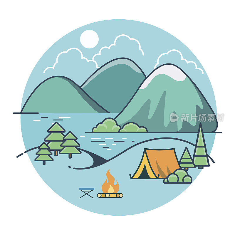 在树和山之间的湖边的线性平帐篷，夏季露营矢量插图。乡村度假，与自然相结合的理念。