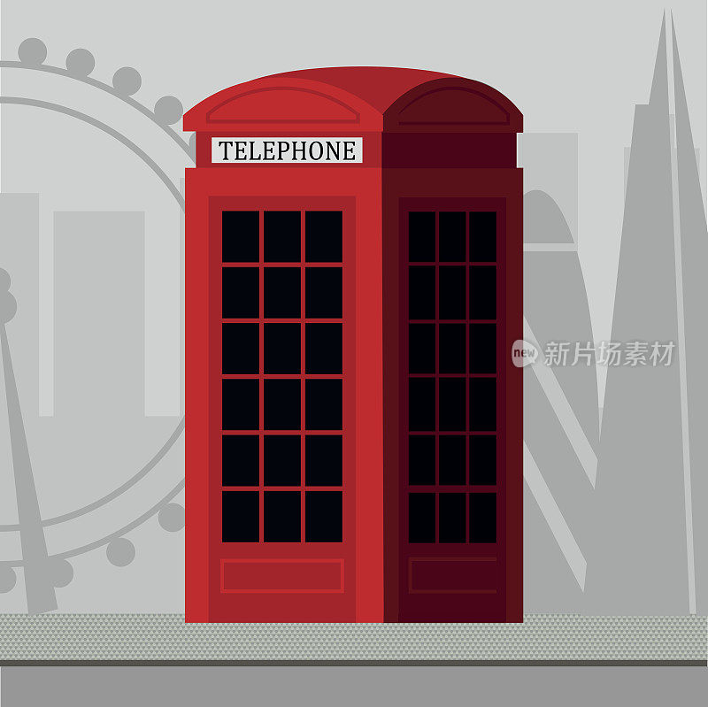 传统的伦敦红色电话亭。背景中的天际线。