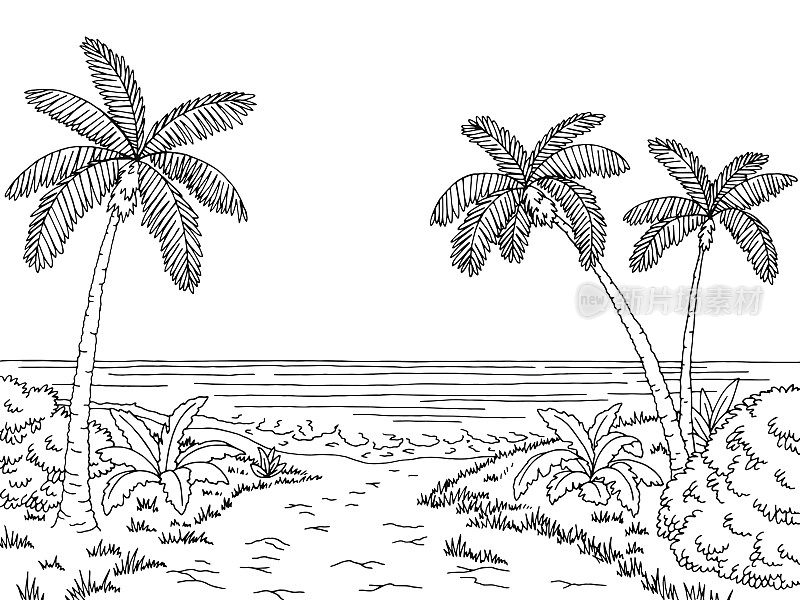 海岸图形黑白景观素描插图矢量