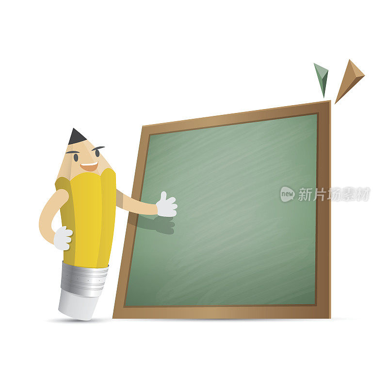 铅笔人物卡通设计和文本框绿色板框架为信息插图矢量。教育的概念。