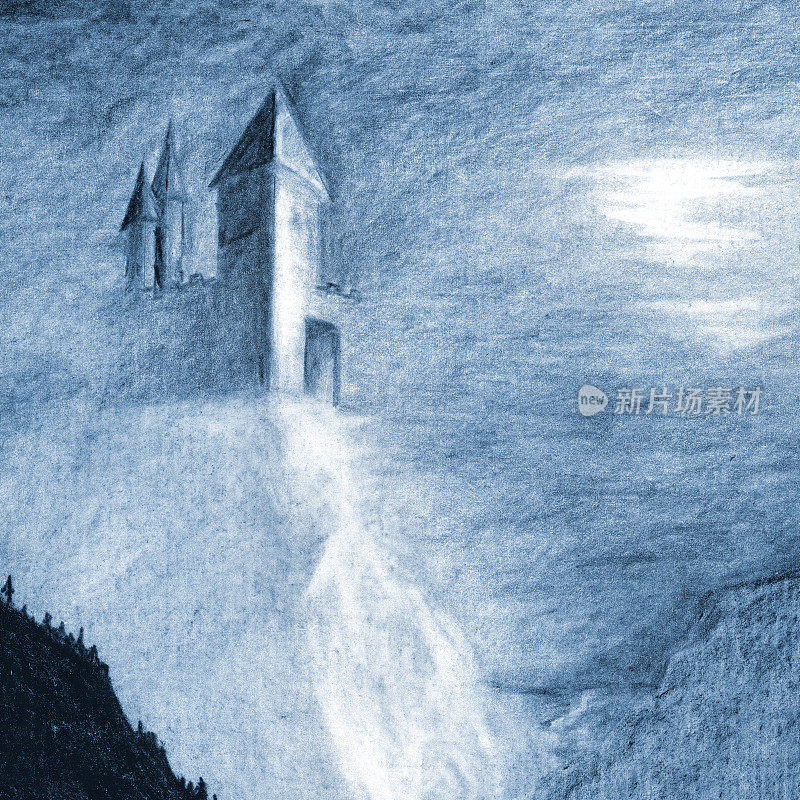 孤独神秘的城堡在悬崖上。素描图