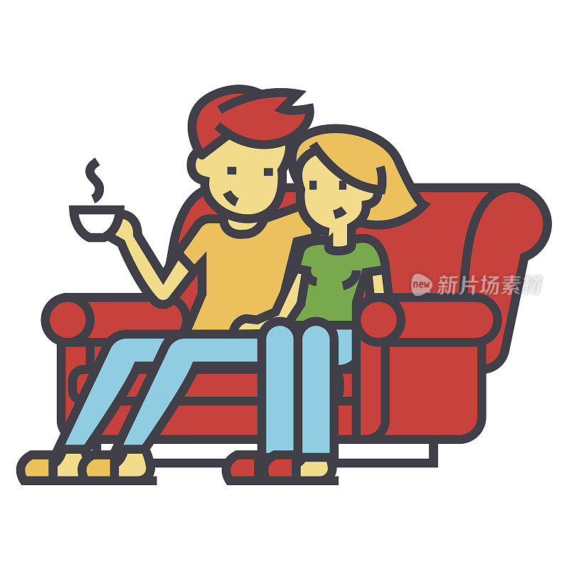 男人和女人坐在家里的沙发上的概念。线矢量图标。可编辑的中风。平面线性插图孤立在白色背景上