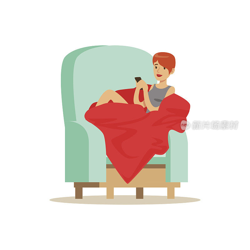 美丽的女孩坐在浅蓝色的扶手椅上裹着红色的毯子，女子在家中矢插画休息