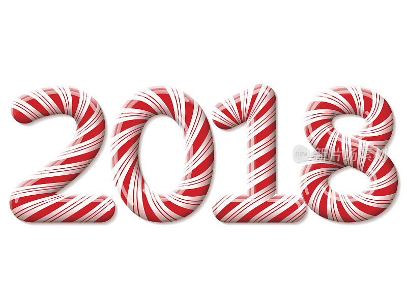 2018年新年在糖果棒的形状上孤立白色