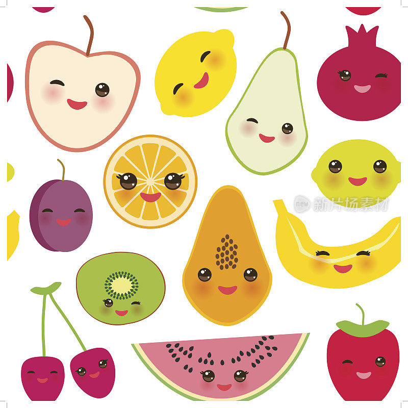 无缝图案草莓，橙子，香蕉，樱桃，酸橙，柠檬，猕猴桃，李子，苹果，西瓜，石榴，木瓜，梨子，梨子在白色的背景。向量