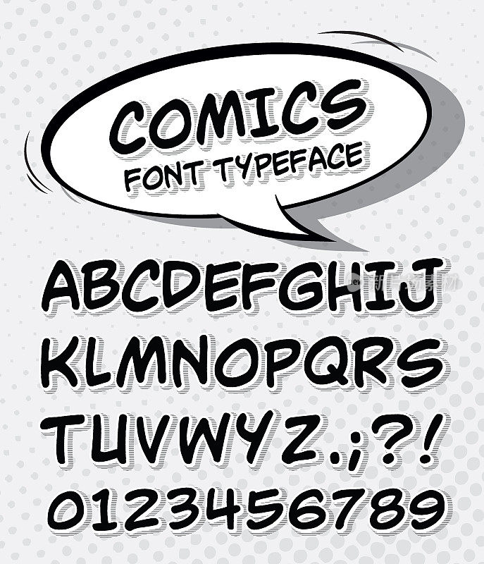 漫画字体。漫画风格的字母，波普艺术