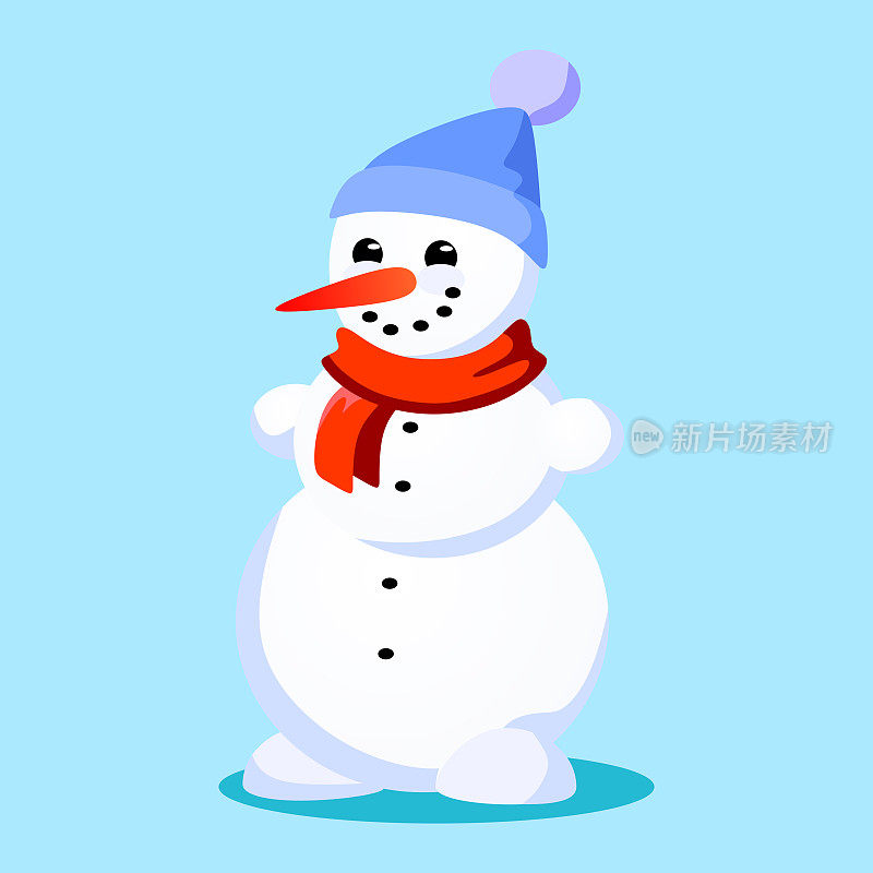 35、雪人戴着蓝帽子，脖子上围着红领巾，鼻子上挂着胡萝卜微笑着的小鹿在灯光下的草原上长着犄角，迎娶圣诞快乐新年矢量插画