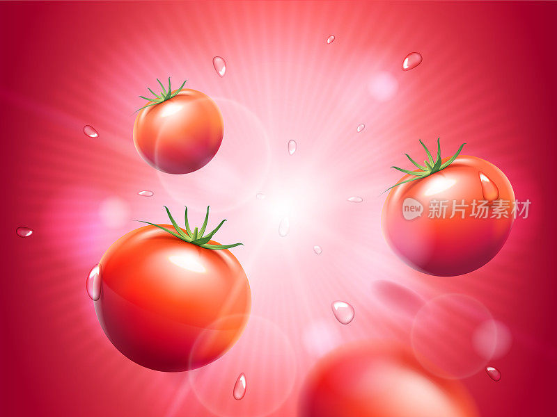 多汁的西红柿与水滴在红色辐射散焦背景。强烈的阳光或光线。番茄酱或果汁广告的设计元素。食物和饮料主题。向量的三维演示