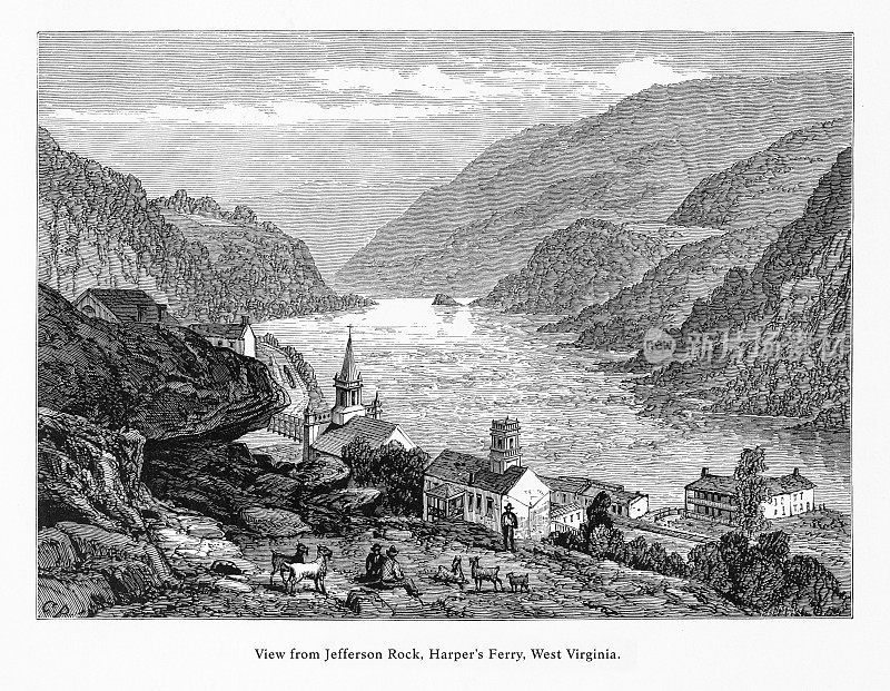 美国弗吉尼亚州马里兰州西维吉尼亚州哈珀渡口杰弗逊岩上的景色，美国维多利亚版画，1872年