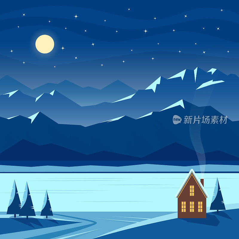 冬天的月夜，山景和舒适的房子。