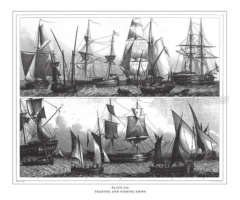 贸易和渔船雕刻古董插图，出版于1851年