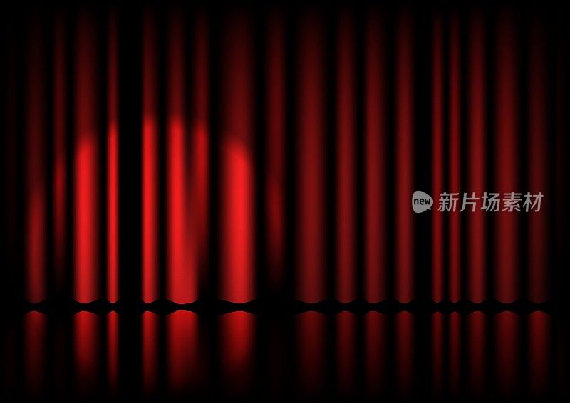 现实的戏剧舞台。红色的窗帘和聚光灯，百老汇的表演背景，优雅的电影窗帘。向量