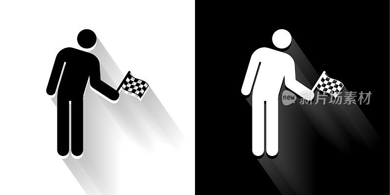 男人拿着一个赛车旗黑色和白色与长影子的图标