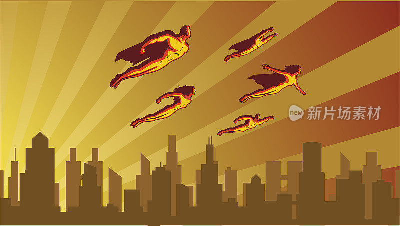 向量复古风格的超级英雄团队飞行在城市天际线上插图