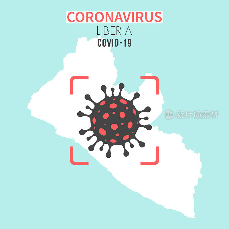 利比里亚地图，红色取景器显示冠状病毒(COVID-19)细胞