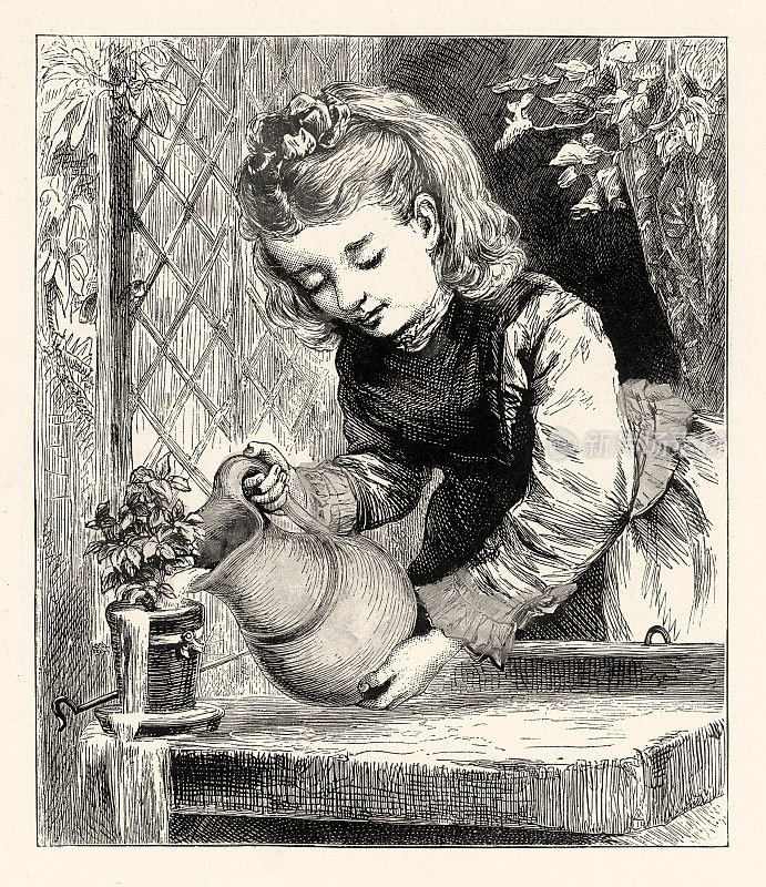 Vintage，年轻女孩用一罐水浇灌植物，美国维多利亚版画，1882年
