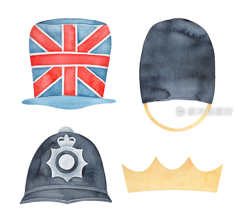 各种英国传统帽子的水彩画插图:英国国旗帽，女王的熊皮警卫，警察头盔，黄金皇冠。手绘水彩画，剪辑艺术元素的设计。