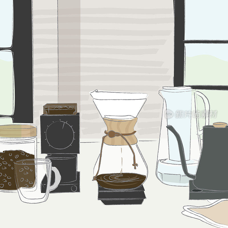 在家里用不同的工具冲泡滴咖啡素描矢量