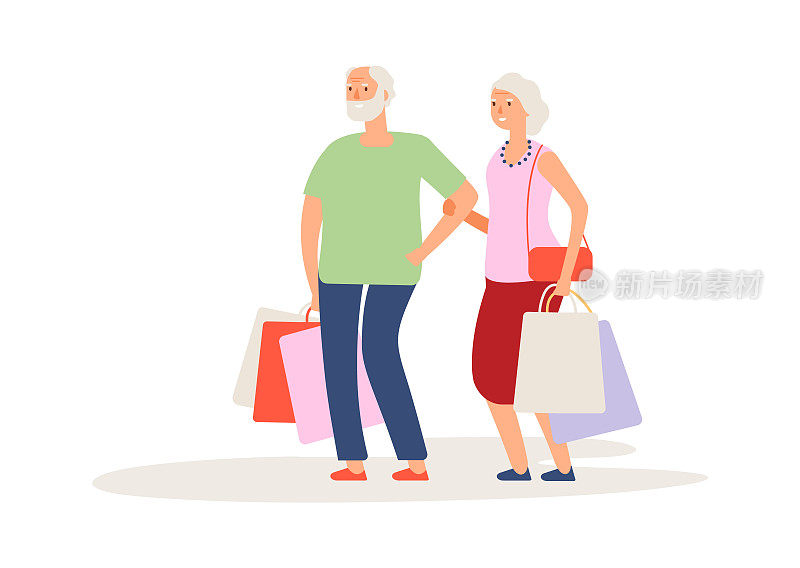 购物时间。老年夫妇购物，顾客拿包。奶奶和爷爷活跃的生活矢量插图