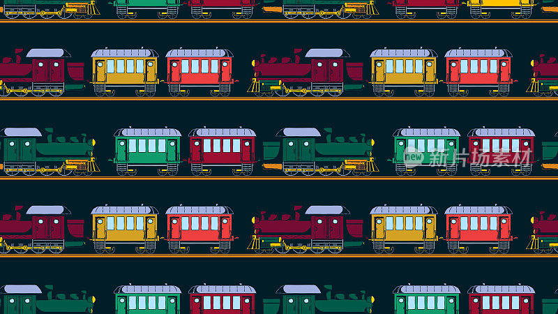 手绘矢量无缝插图-火车和车厢。