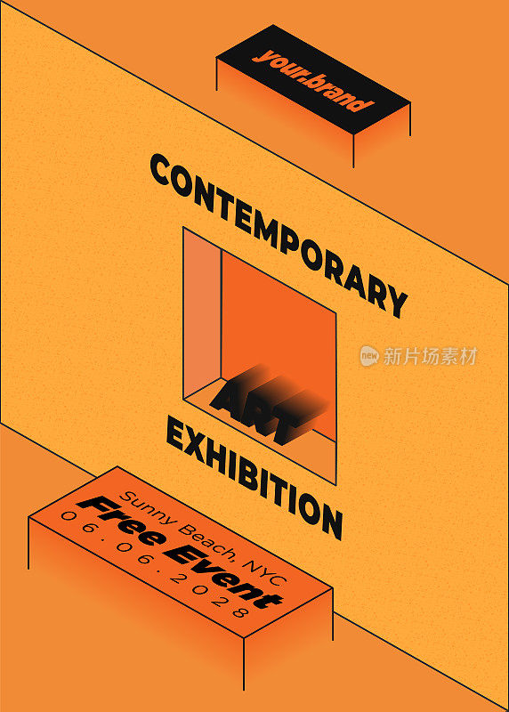 现代等高线当代艺术展览传单或海报，以推广橙色和黄色背景的博物馆展览