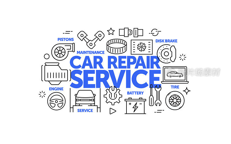 汽车服务和修理店相关的网页横幅线条风格。现代线性设计矢量插图的网站横幅,网站标题等。