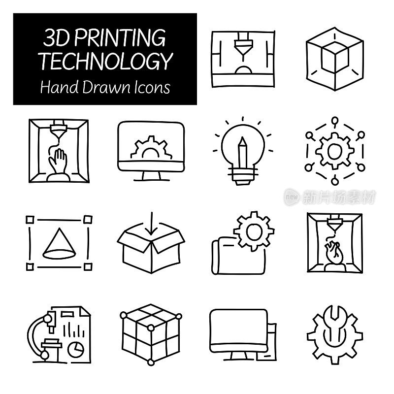 3D打印技术相关的手绘图标，涂鸦元素矢量插图