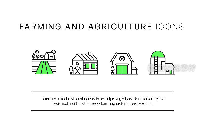 农业和农业相关的线图标，轮廓向量符号插图。