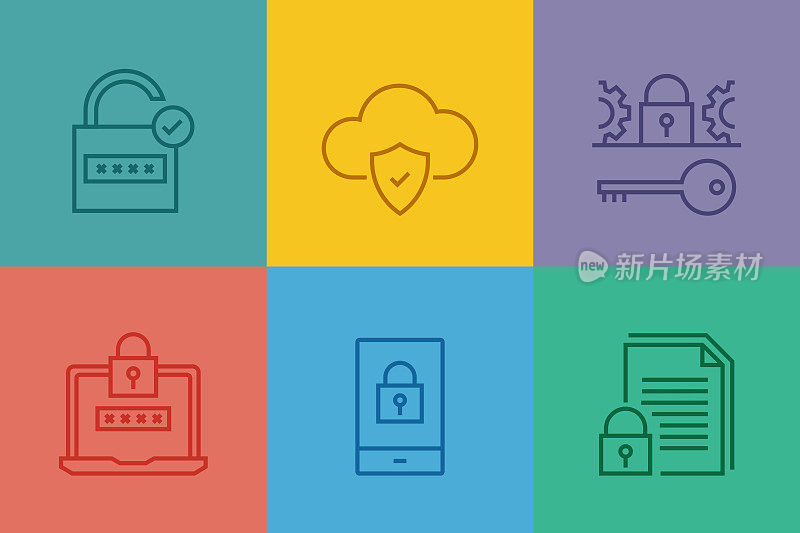 网络安全,数据安全相关线路图标。矢量轮廓符号说明。