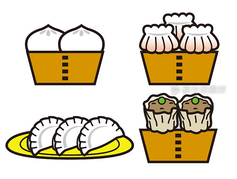 中国食物图标集。图示:肉包、虾饺、水饺、蜀麦。