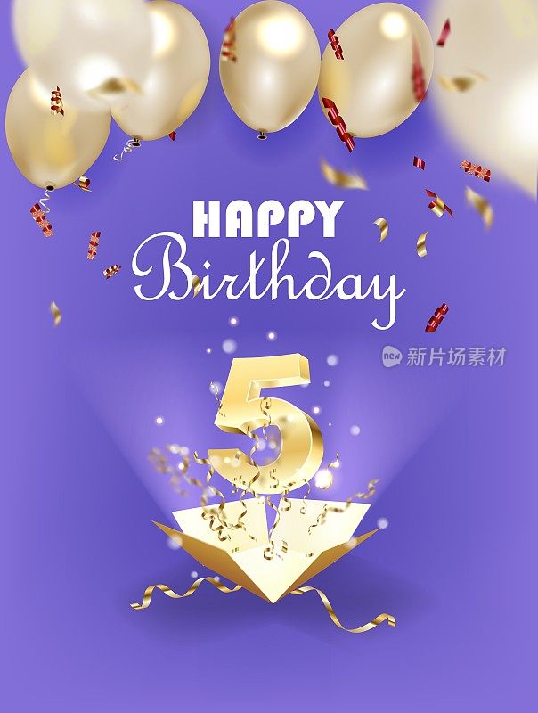 5金色数字和周年庆祝文本与金色蛇纹石和纸屑在紫色的背景。
