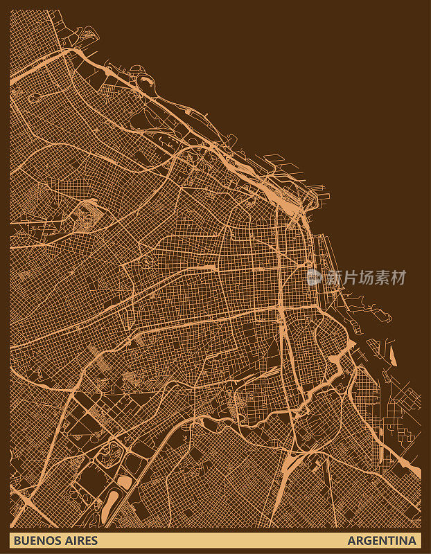 艺术插画风格地图，布宜诺斯艾利斯城市，阿根廷