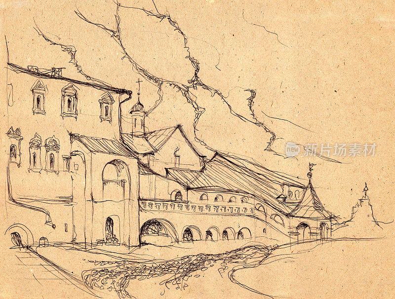 在俄罗斯苏兹达尔镇古老的俄罗斯传统建筑风格的米色纸上，用黑色墨水和钢笔手绘建筑景观草图