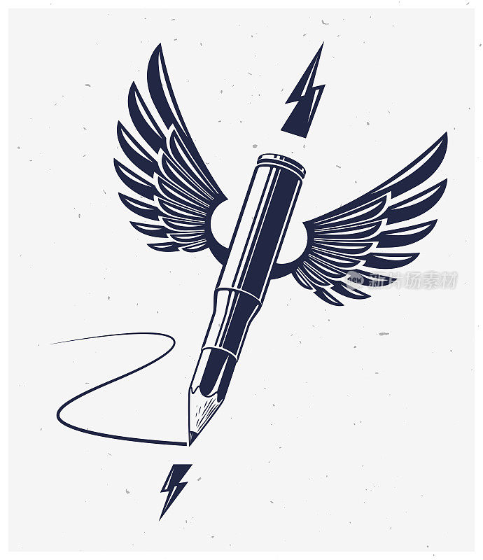 Idea是一种武器概念，即设计师或艺术家所描述的武器，即带有铅笔(而不是子弹)的带翼火器弹壳，具有创造性的力量，矢量标志或图标。