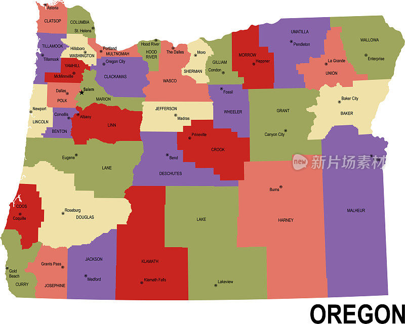 美国俄勒冈州彩色平面地图与县
