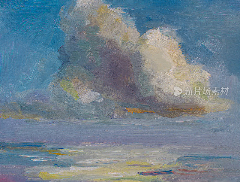 云海油画。抽象的蓝色海景与积云。印象派,露天练习曲