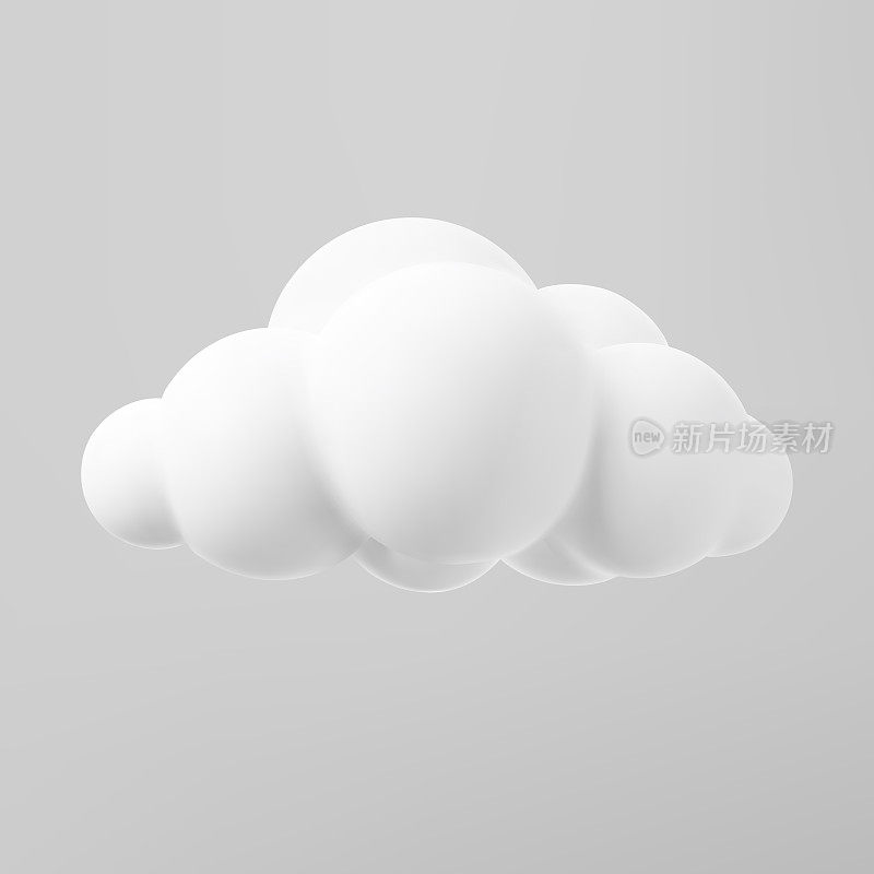 一个孤立的灰色背景上的云模拟的3d渲染。软圆卡通蓬松的云图标。三维几何形状矢量插图