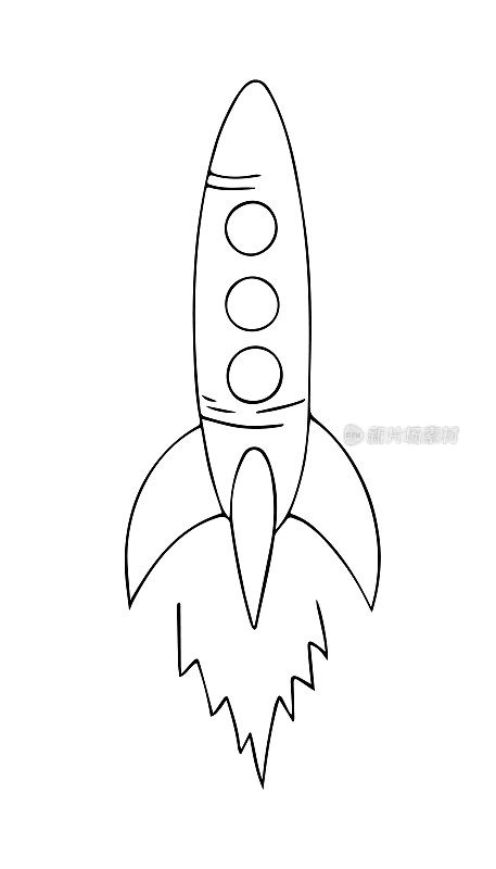 用于探索太空新行星的手绘太空火箭。在宇宙中长距离飞行的飞行器上涂鸦