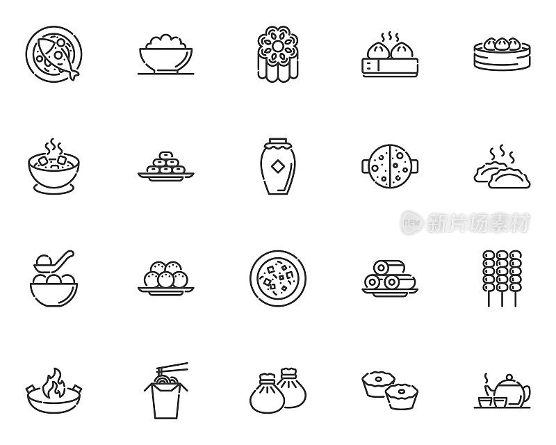 一套中国食品线图标，中国传统，面条，甜点